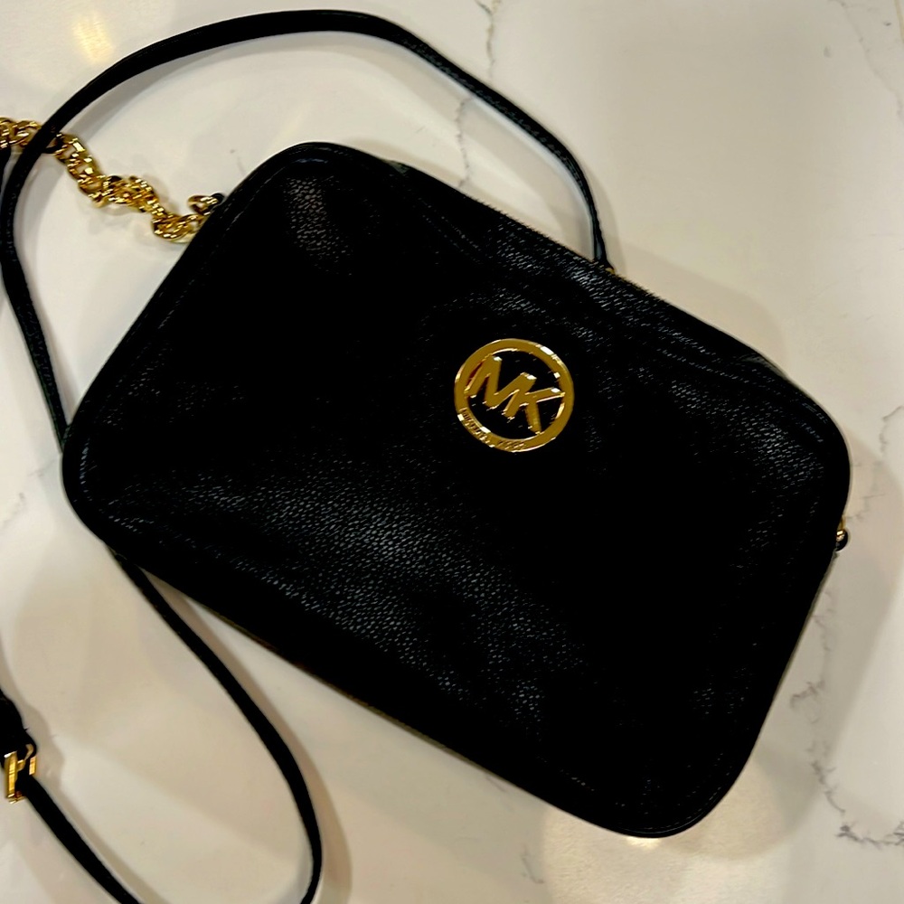 Michael Kors black crossbody purse genuine leather gold hardware